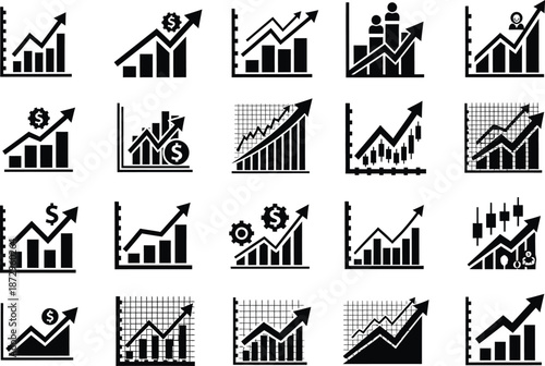 Set of black and white line graphs with financial icons