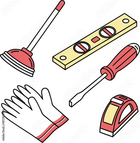 Professional home maintenance and plumbing tool set vector illustration featuring spirit level rubber plunger work gloves and grout float for construction and repair projects