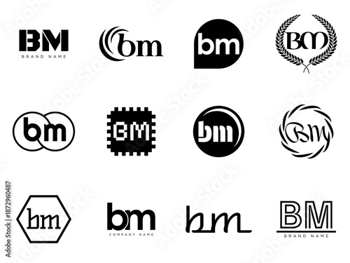 BM logo company template. Letter b and m logotype. Set different classic serif lettering and modern bold text with design elements. Initial font typography.
