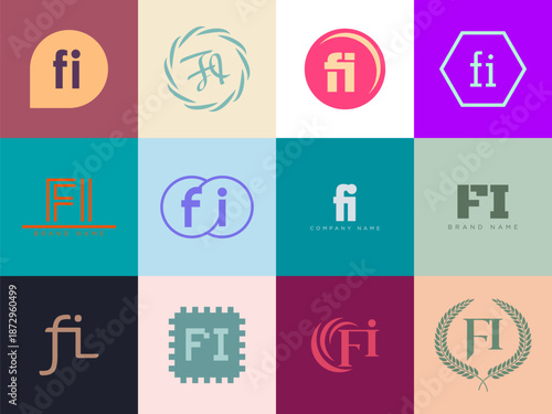 FI logo company template. Letter f and i logotype. Set different classic serif lettering and modern bold text with design elements. Initial font typography.