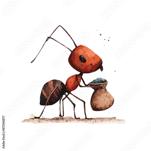 Industrious Ant Carrying Sack Illustration.