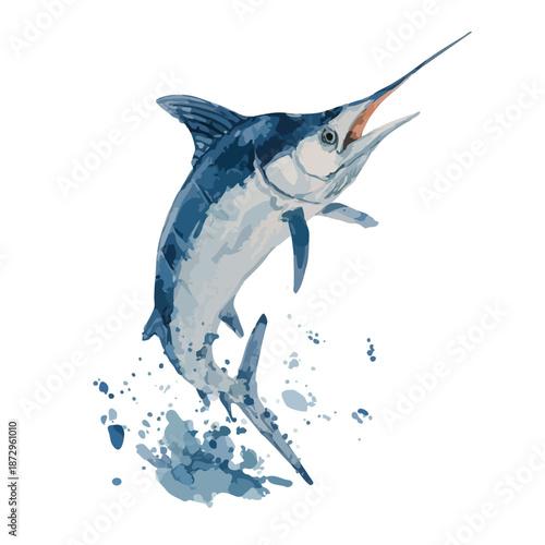 Leaping Blue Marlin Watercolor Illustration Dynamic Ocean Fish Art.