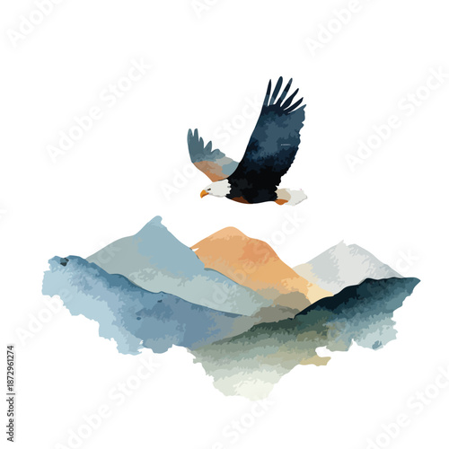 Majestic Bald Eagle Flying Over Abstract Mountain Landscape.