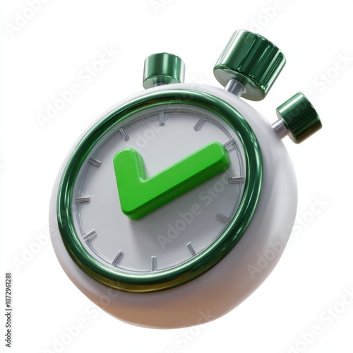Green checkmark stopwatch symbolizing timely completion and success