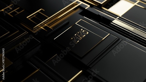 Abstract composition of black and gold geometric shapes with an engraved year 2026, showcasing modern design
