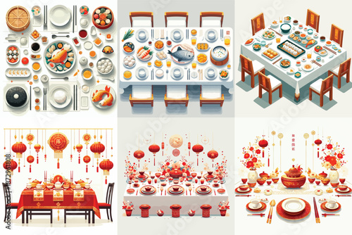 Chinese New Year dining table icon set. Vector, minimalist, illustration, icon set.