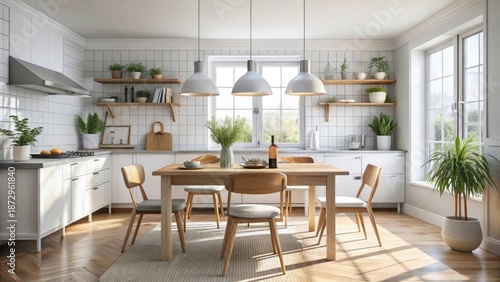 Bright natural light streams into a modern kitchen space featuring a simple wooden dining table set for a meal and surrounded by contemporary seating