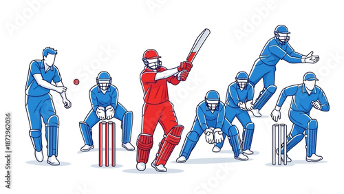 Cricket players in action on the field during a competitive match illustration