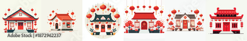 Set of Chinese New Year home icons. Vector, minimalist, illustration, icon set.