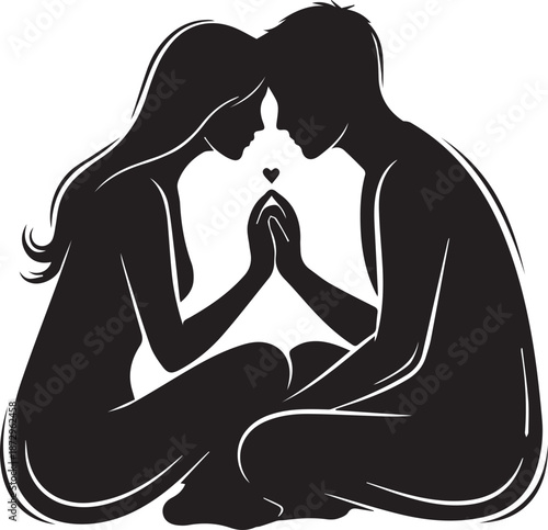 Romantic Couple Silhouette Sitting on Park Bench with Hearts, Man and Woman in Love holding hands, Intimate Relationship Vector Illustration