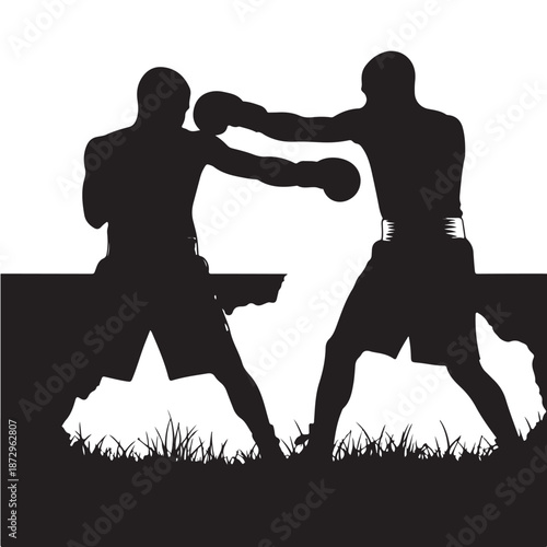 Boxers Fighting Silhouettes in Intense Black and White with Dramatic Lighting for Sports Illustration