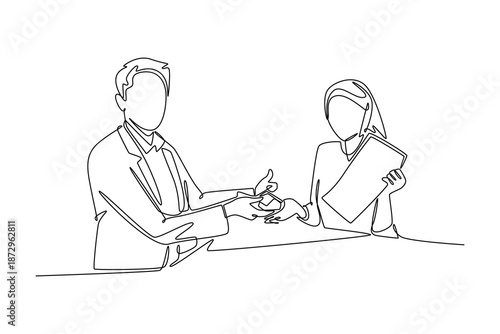 Customer women holding loan agreement document. banks approve loans. Banking Activity concept. Single line draw design. Vector graphic illustration