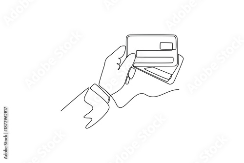 Businessman holding debit and credit card. Banking Activity concept. Single line draw design. Vector graphic illustration