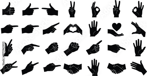 Black, hand, gesture, silhouettes, set, pointing, fingers, thumbs, up, peace, sign, love, symbol, handshake, icons, isolated, vector, design, graphic, collection