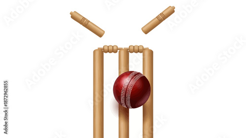 Cricket ball hitting wooden wickets on a white background