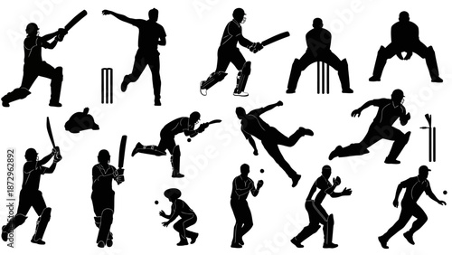 Silhouettes of cricket players in various actions on a white background