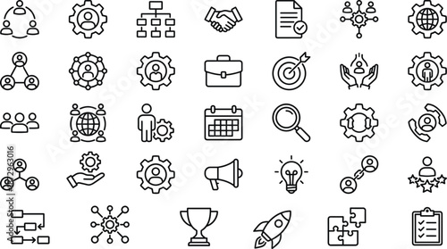 Business management and teamwork line icons set illustrating leadership, collaboration, organization, productivity, communication, planning, and professional corporate workflow concepts.