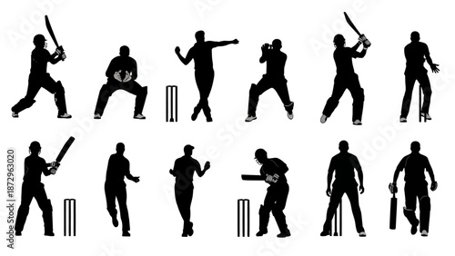 Cricket players in action on the field, silhouetted against a white background, showcasing various batting and bowling poses from different viewpoints.
