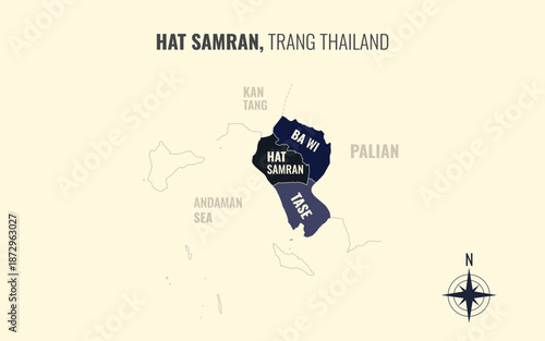 Map showing Hat Samran District Trang Thailand divided into sub districts with minimalist colorful patterns