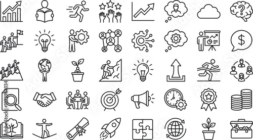Business success and personal growth line icon set illustrating leadership, teamwork, motivation, achievement, innovation, productivity, financial goals, and professional development concepts.