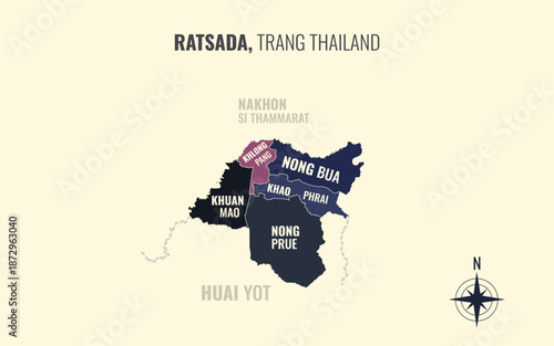 Map showing Ratsada District Trang Thailand divided into sub districts with minimalist colorful patterns