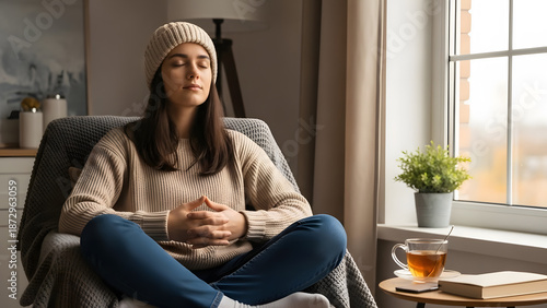 Relaxed meditation and wellness practice in peaceful home setting