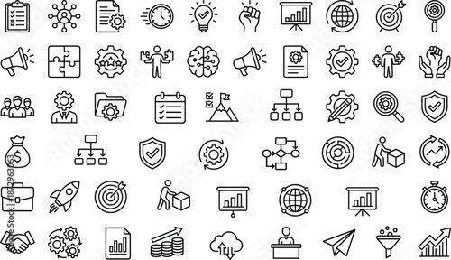 Business strategy line icons for leadership, planning, analytics, management, growth and productivity with modern minimal outline style