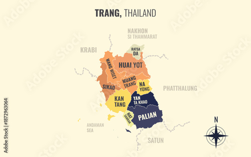 A map showing Trang Thailand divided into districts in a minimalist colorful style