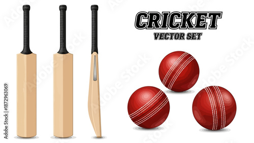 Cricket equipment including bats and balls on a white background