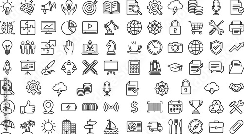 Business, education, technology and finance outline icons for strategy, presentation, communication, creativity and productivity in modern linear style
