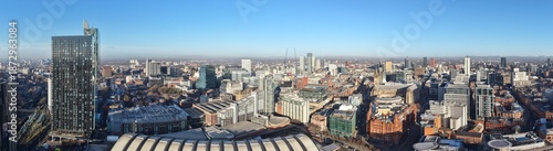 Aerial panorama view of Manchester skyline with modern new buildings and landmarks. Manchester England. 