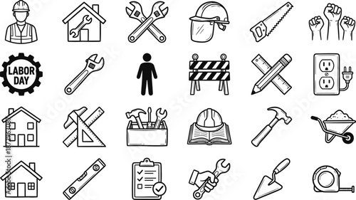 Construction, labor and handyman tool line icons set illustrating building work, DIY repair, safety equipment, trades, and craftsmanship concepts.