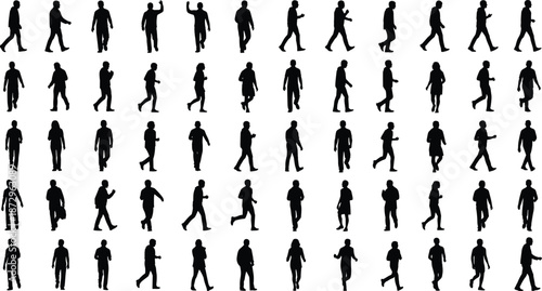 Walking man silhouette mega set, male people motion poses collection, casual human figures isolated white background black vector illustration