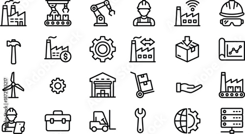 Industrial manufacturing line icons set illustrating factory production, engineering, logistics, automation, safety equipment, and modern smart industry technology concepts.