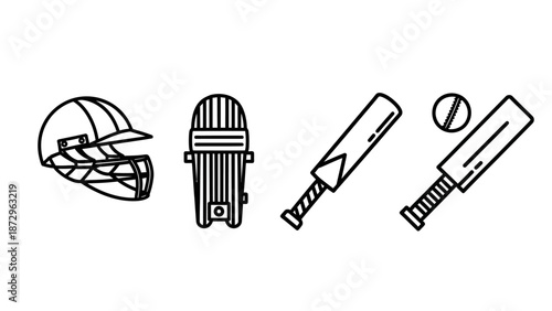 Cricket equipment illustration featuring helmet, microphone, bat, ball, and wicket on white background
