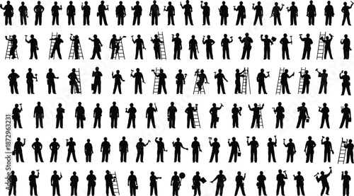 Construction worker silhouette mega set with tools ladder poses, industrial handyman people collection isolated white background black vector illustration design