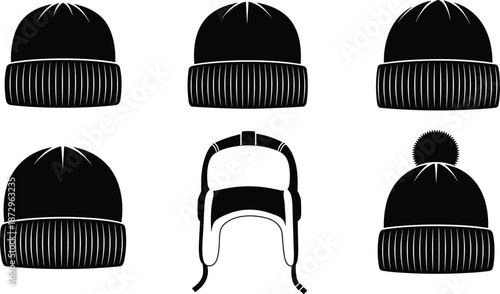 Winter beanie hat silhouette icon set, knitted warm headwear collection, cold season fashion accessories isolated white vector illustration design pack