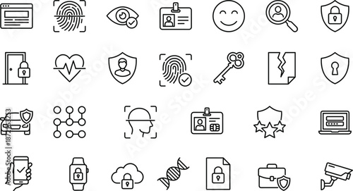 Line-style cybersecurity and identity protection icon set with biometrics, encryption, privacy, authentication, secure access, surveillance, login, and data safety symbols.