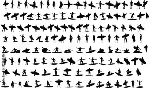 Surfer silhouette mega set riding waves carrying surfboard, surfing action poses collection isolated white background black vector illustration