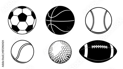 Black and white illustration of various sports balls arranged in two rows against a white background.