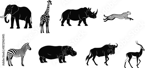 African wild animal silhouette set with elephant giraffe rhino cheetah zebra hippo wildebeest antelope isolated white vector illustration collection design