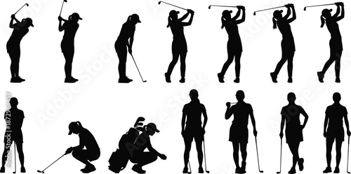 Female golfer silhouette action set swinging putting walking, professional golf sport poses collection isolated white background black vector illustration