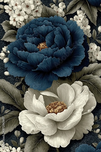 Elegant vintage floral pattern with deep blue and white peonies on dark damask background