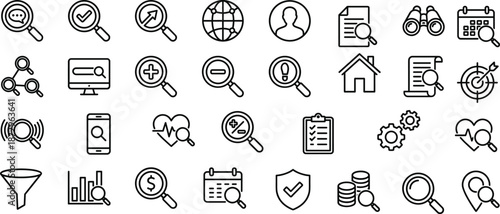Search, analytics and research line icons set illustrating data analysis, inspection, investigation, monitoring, evaluation, planning, and business intelligence concepts.