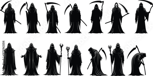 Grim reaper silhouette character set, dark fantasy death figures with scythe, gothic hooded icons isolated white background vector illustration collection