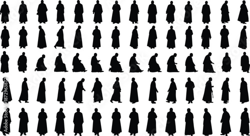 Muslim man silhouette set praying standing walking, Islamic religious people poses collection, black human figures isolated white background vector