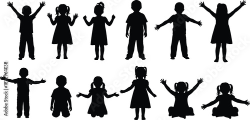 Children silhouette collection, happy boys and girls poses, playful kids gestures, family childhood icons, black people figures, isolated illustration set