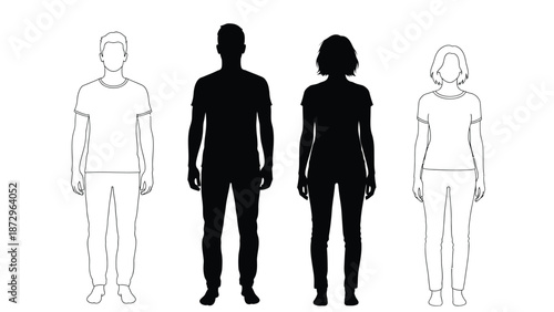 Comparison of four human figure templates showing two outlined figures and two solid black silhouettes representing male and female forms