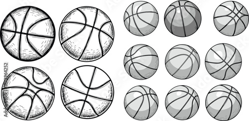Basketball ball illustration collection, hand drawn sketch and shaded styles, sport equipment icons, training game elements, isolated vector set