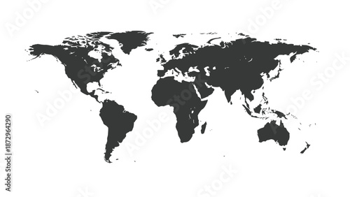 Simple dark silhouette world map graphic illustration depicting all continents